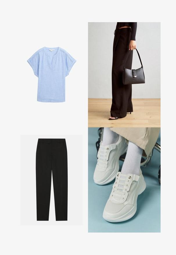 Vaaleansininen lyhythihainen paita hengittävästä kankaasta, jossa on V-pääntie ja hienovarainen tekstuuri koko paidassa.; Musta housut, joissa on räätälöity muotoilu, sivutaskut ja suora lahje. Valmistettu sileästä, kevyestä kankaasta, jossa on tyylikkäät pinnat.; Valkoiset lenkkarit, joissa on verkkokangas, kumipohja, nauhattomuus elastisilla nauhoilla ja kultatäyteiset yksityiskohdat.; Musta käsilaukku, jossa on rakenteellinen muoto, sileä pinta ja metallinen solki. Yhdistetty leveisiin mustiin housuihin ja avonaiheisiin sandaaleihin puulattialla.