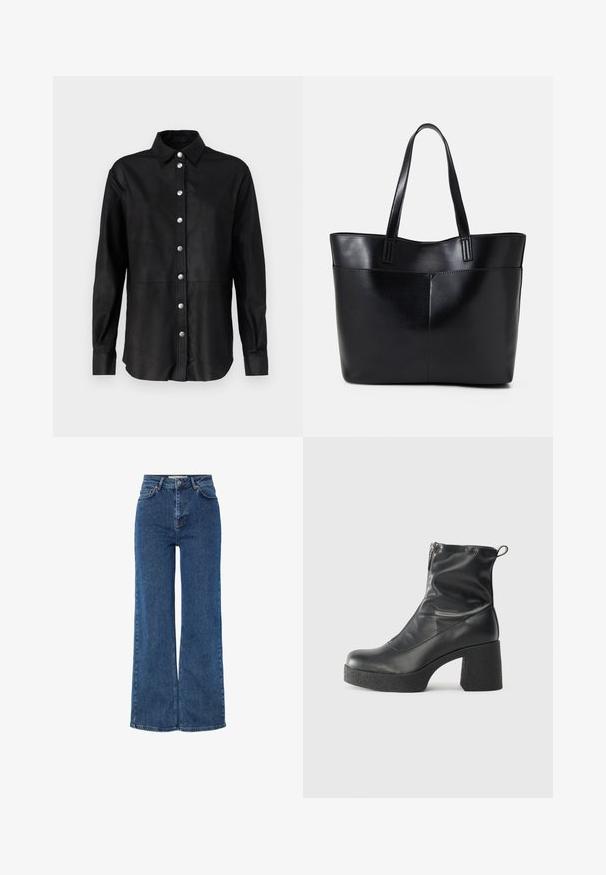 Juodas odinis marškinis su klasikiniais atlapais, priekinė užtrauktukų juosta su sidabro mygtukais ir ilgomis rankovėmis. Lygus paviršius ir pritaikytas siluetas.; Aukštom juosmeniu mėlyni džinsai su plačiomis kojomis, tradicine penkių kišenių konstrukcija, metaliniu mygtuko uždarymu ir kontrastingomis siūlėmis.; Juodos kulkšninių botai, pagaminti iš lygaus odos, su šoniniu užtrauktuku, masyviu tekstūruotu kulnu ir apvaliu pirštu.; Juoda odinė rankinė su dviem ilgais diržais, lygiu paviršiumi ir struktūrizuota forma. Yra priekinė kišenė papildomam saugojimui.