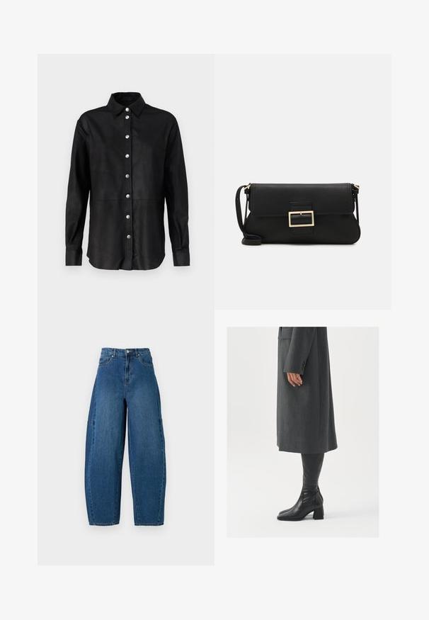 Melnas ādas krekls ar klasisku apkakli, priekšējā daļa ar sudraba pogām un garām piedurknēm. Gluda tekstūra un pielāgota forma.; Denim bikses vidējā zilā krāsā ar augstu jostasvietu, platām kājām un standarta piecu kabatu dizainu ar redzamām šuvju detaļām.; Pelēks, pielāgots mētelis ar taisnu griezumu; kombinēts ar melniem ādas zābakiem līdz ceļiem, kuriem ir kvadrāta formas purngals un masīla dūre.; Melnas ādas saķeres soma ar atloku un zelta metāla sprādzi. Ietver melnu siksnu un elegantu, minimālistisku dizainu.