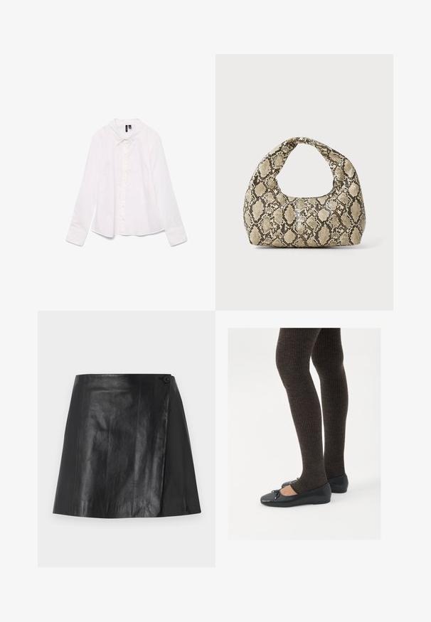 White long-sleeve shirt made of cotton, featuring a classic collar, button-down front, and a slightly relaxed fit. Smooth texture with no patterns.; Black faux leather mini skirt with wrap front detail secured by a button on the right side, smooth texture, and slight sheen.; Black flat shoes with a small bow detail at the toe, paired with dark brown ribbed tights. Shoes have a smooth texture and low profile.; Snake-print handbag with a curved handle. Made from textured, beige and brown materials, featuring a distinctive diamond pattern.
