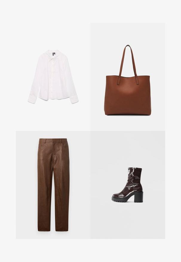 Bílá košile s dlouhým rukávem vyrobená z bavlny, s klasickým límečkem, zapínáním na knoflíky a mírně uvolněným střihem. Hladký povrch bez vzorů.; Hnědé kožené kalhoty s hladkou texturou, rovný střih a dvě postranní kapsy. Obsahují viditelné švy.; Lesklá bordó kotníková bota s masivním černým podpatkem, se hladkým povrchem a jednoduchým designem. Žádné viditelné zapínání ani vzory.; Hnědá kožená taška přes rameno s hladkou texturou, otevřeným designem a dvěma ramenními popruhy. Obsahuje minimální švy a žádné viditelné kovové prvky.