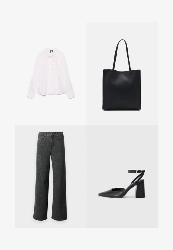 Bílá košile s dlouhým rukávem vyrobená z bavlny, s klasickým límečkem, zapínáním na knoflíky a mírně uvolněným střihem. Hladký povrch bez vzorů.; Široké džíny z tmavě šedého denimového materiálu, s jemnou texturou zebřího vzoru, kontrastním prošíváním a pěti kapsami s knoflíkovým zapínáním.; Černé kožené lodičky se špičatou špičkou, kotníkovým páskem a silným podpatkem. Hladká textura, elegantní design a minimalistická estetika.; Černá kožená taška přes rameno s hladkým povrchem, obdélníkovým tvarem a dvěma dlouhými uchy. Žádné viditelné kování ani ozdoby.