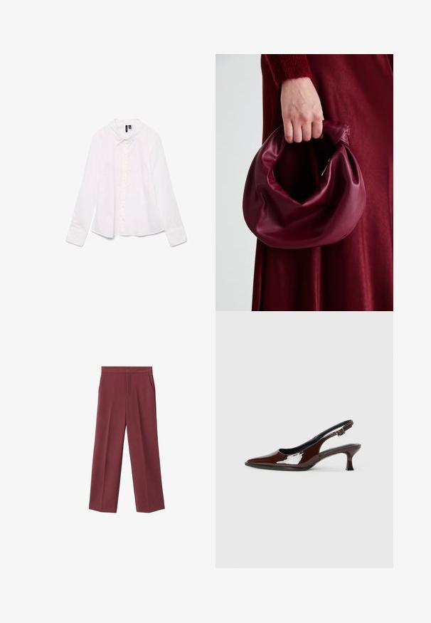 Witte lange mouwen shirt van katoen, met een klassieke kraag, knoopsluiting aan de voorkant en een iets ontspannen pasvorm. Gladde textuur zonder patronen.; Bordeaux brede broek met een zachte textuur, voorzien van zijzakken en een hoogtaille ontwerp. Strak gesneden met een nette voorplooi.; Bruine gepatineerde leren slingback-schoen met een spitse neus en een gematigd hakje. Voorzien van een gespsluiting voor een veilige pasvorm. Glad van textuur.; Bordeaux leren handtas met een zacht, gegathered ontwerp en een ronde vorm. De handgreep is stevig bevestigd en toont een gladde textuur.