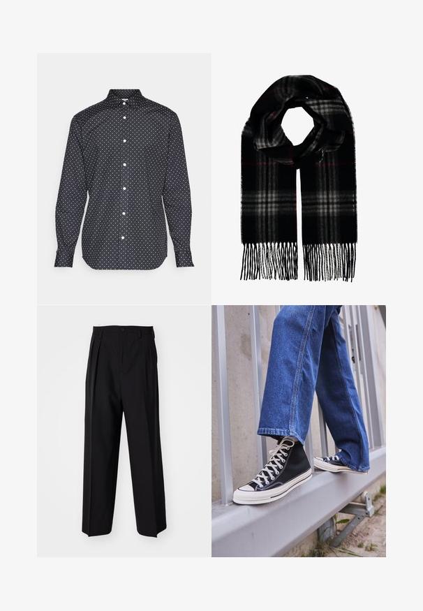 Jack & Jones JJJOE PRINT SHIRT - Dalykiniai marškiniai - black/ditsy; Juodi klostuoti kelnių, su tiesiu, plačiu kojų dizainu. Pagaminti iš lygios medžiagos, su mygtukų uždarymu ir diržo kilputėmis.; Juodi aukšti sportiniai bateliai su baltu padu ir raišteliais, derinami su laisvai krentančiais mėlynais džinsais, atremti į pilką turėklą.; Juodas ir pilkas langelių rašto šalikas su raudonais akcentais, su kutais, minkšta tekstūra, stačiakampio formos, tinkantis šaltam orui.