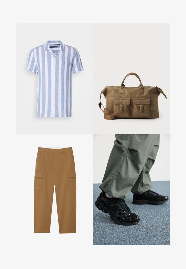 Lyhythihainen nappikauluspaita, jossa on sinivalkoisia pystysuoria raitoja, valmistettu kevyestä kankaasta, ja jossa on kaulus sekä rintalogo.; Ruske hlače s cargo stilom, s dva bočna džepa, ravnim prednjim dijelom i ravnim nogavicama. Izrađene su od izdržljive tkanine s glatkom teksturom.; Musta urheilukengät, joissa on kiiltävä ja verkkokangas tekstuuri, paksu pohja ja nauhat, yhdistettynä löysiin oliivinvihreisiin cargo-housuihin.; Ruskea nahkainen duffel-laukku, jossa on kaksi etutaskua, säädettävä olkahihna, kultaiset yksityiskohdat ja tukevat yläkahvat. Lisääntynyt sileä rakenne.