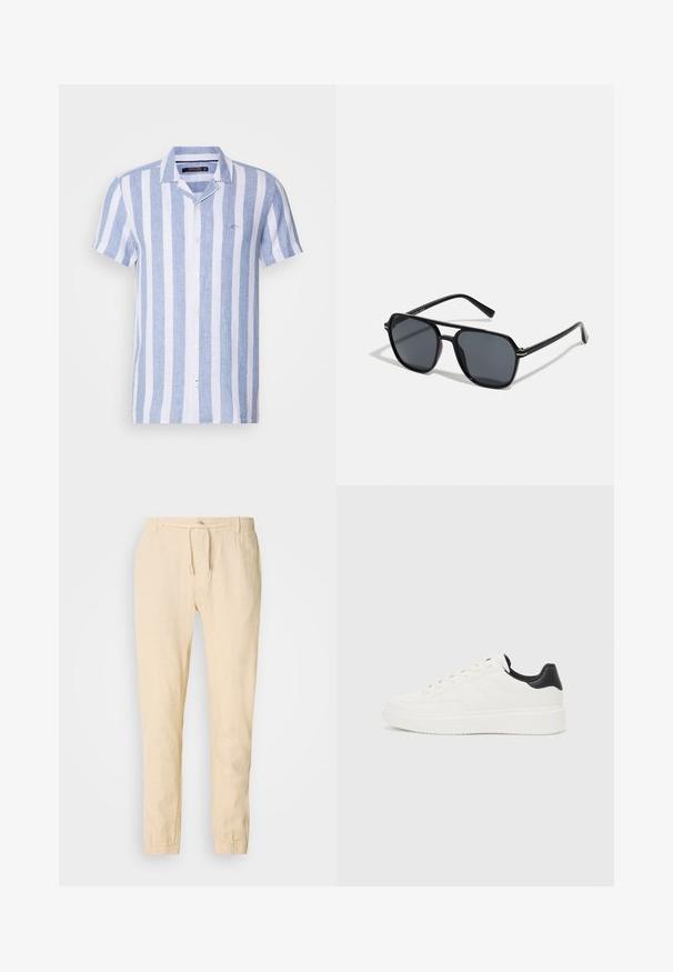 Košulja kratkih rukava sa plavim i bijelim vertikalnim prugama, izrađena od laganog materijala, s ovratnikom i logom na prsima.; Svijetlosmeđi laneni hlače s remenom za podešavanje u struku, suženi nogavice i elastične manžete. Jednostavan dizajn s suptilnom teksturom.; Bijela kožna tenisica s utisnutim uzorkom, teksturiranom bijelom potplatom i crnim naglaskom na peti. Ima zaobljen nos i ravne vezice.; Crne sunčane naočale s osmerokutnim okvirom, tamnim lećama, sjajnom završnom obradom, tankim plaštem i zlatnim detaljima na prednjem dijelu.
