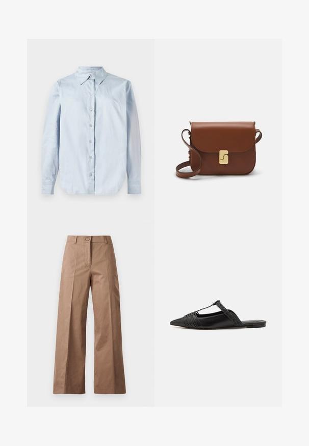 Camicetta azzurra a maniche lunghe con bottone, realizzata in tessuto morbido. Presenta un colletto classico, bottini frontali e orlo arrotondato.; Pantaloni larghi marroni realizzati in un tessuto morbido, con chiusura frontale con bottone, due tasche anteriori e linee pulite e sartoriali.; Scarpa slingback in pelle nera con punta appuntita, con un dettaglio intrecciato e un design superiore plissettato. Suola piatta con hardware minimale.; Borsa a tracolla in pelle marrone con chiusura a pattina, hardware color oro, tracolla e una finitura liscia. Forma rettangolare compatta.