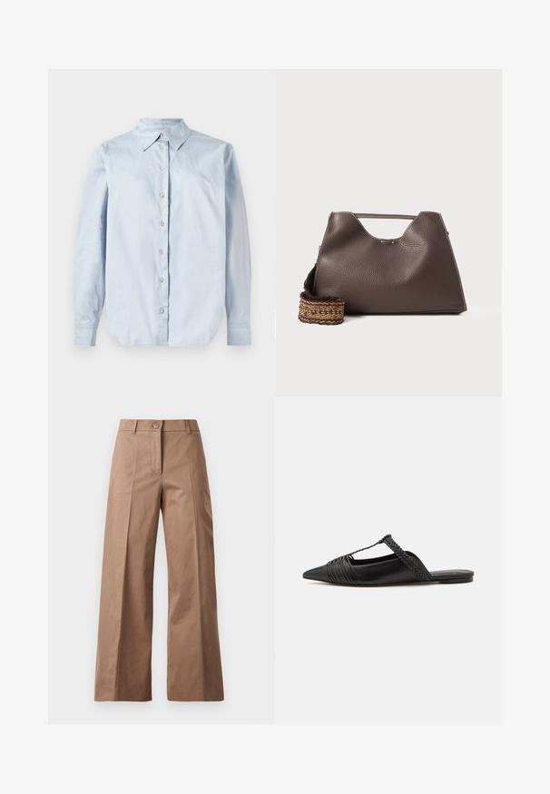 Vaaleansininen pitkähihaisten napitettavan paidan, joka on valmistettu sileästä kankaasta. Ominaisuuksiin kuuluu klassinen kaulus, etunapit ja pyöristetty helma.; Ruske leve-legged hlače iz gladkega materiala, z sprednjim gumbom, dvema sprednjima žepoma in čistimi, krojenimi linijami.; Musta nahkasandaali, jossa on terävä kärki, somistettuna kudotulla yksityiskohdalla ja pleatatuilla yläosilla. Litteä pohja, jossa on vähäisiä tarvikkeita.; Ruskea nahkalaukku, jossa on teksturoitu pinta, kulmikas muotoilu ja erottuva yläkahva. Sisältää kuvioidun kudotun hihnan yksityiskohtia.