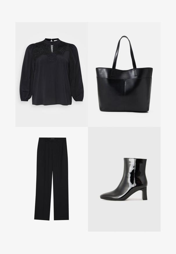 Črna bluzica z visokim ovratnikom, ki vključuje teksturirane čipkaste detajle na yoku in ključavnico na hrbtu. Dolgi napihnjeni rokavi in gladek zaključek.; Črne hlače s ravnim krojem, ki imajo dva sprednja žepa in pas. Narejene so iz gladkega, lahkega materiala.; Črne lakirane gležnjarje z ošiljenim nosom in srednje visokim blokastim peto. Gladka tekstura in minimalističen dizajn.; Črna usnjena torba z dvema dolgima ročajema, gladko teksturo in strukturirano obliko. Ima sprednji žep za dodatno shranjevanje.