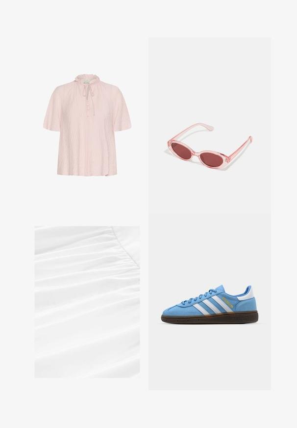 Blusa rosa chiaro con colletto arricciato, dettaglio a fiocco e chiusura con bottoni. Realizzata in tessuto testurizzato con maniche corte e ampie.; Tessuto bianco con morbida caduta e texture plissettata, caratterizzato da un materiale leggero e liscio in una presentazione pulita e nitida.; Sneakers in suede azzurro chiaro con strisce in pelle bianca, suola marrone texturizzata e dettaglio logo dorato. Design basso con punta tonda.; Occhiali da sole rosa trasparenti con lenti ovali, tonalità rosso scuro e bracci sottili, dotati di una finitura liscia e dettagli sottili sulla montatura.; Borsa a spalla rosa realizzata in materiale testurizzato, con due manici lunghi e un logo impresso sul davanti. Chiusura superiore con zip.