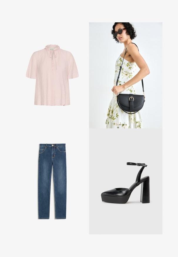 Svetlo roza bluzica z naborkom na ovratniku, podrobnostjo za vezanje in sprednjim gumbom. Narejena iz teksturirane tkanine s kratkimi, širokimi rokavi.; Temno modri jeans z ravnim krojem, petimi žepi, diskretnimi šivi in kovinskim gumbom v pasu.; Črne platforme z visokimi petami in koničastim nosom ter nastavljivim gležnjenjskim trakom. Narejene iz gladke usnje, s kockasto peto.; Črna usnjena torbica s ukrivljeno obliko, z odstranljivo naramnico in zlatimi dodatki. Torbica ima pokrov s podrobnostmi v obliki zaponke.