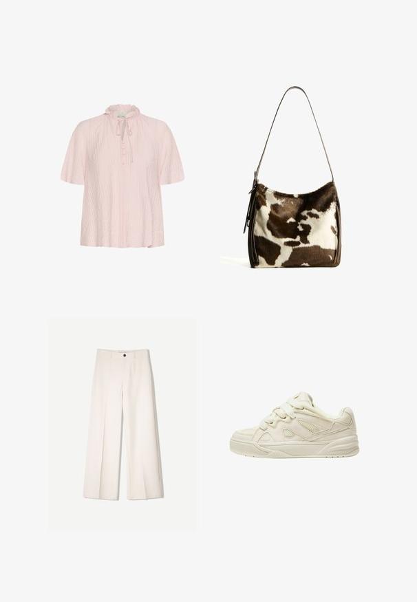 Svetloružová blúzka s volánovým golierom, detailom na viazanie a gombíkovým zapínaním. Vyrobená z textúrovanej tkaniny s krátkymi, širokými rukávmi.; Krémové široké nohavice s nohavicami na mieru, s dvoma prednými vreckami a jedným predným zapínaním na gombík, vyrobené z hladkej tkaniny.; Béžové tenisky s textúrovaným zvrškom, výraznými šnúrkami, sieťovanými panelmi a hrubou podrážkou. Zakrivený dizajn s polstrovaným golierom pre pohodlie.; Hnedo-krémová kravská koža cez plece s hladkým koženým remienkom, zipsovým uzáverom a mäkkým, textúrovaným povrchom s prírodným vzorom.