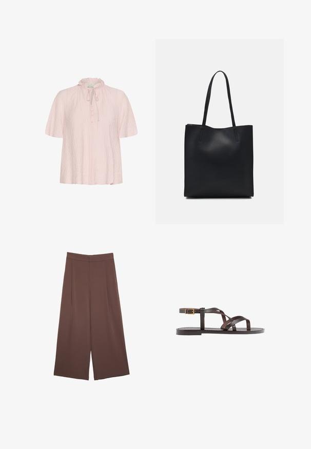 Light pink blouse with a ruffled collar, tie detail, and button front. Made of textured fabric with short, wide sleeves.; Brown wide-leg trousers with a smooth texture, featuring a high waist and front pleats. The fabric is lightweight and flows loosely.; Brown leather sandal featuring crisscross straps, an ankle buckle closure, and a flat sole with minimal stitching details.; Black leather tote bag with smooth texture, rectangular shape, and two long handles. No visible hardware or embellishments.