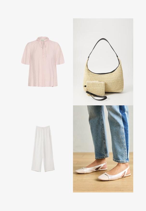 Svetlo roza bluzica z naborkom na ovratniku, podrobnostjo za vezanje in sprednjim gumbom. Narejena iz teksturirane tkanine s kratkimi, širokimi rokavi.; Bele široke hlače iz lahkega materiala. Imajo elastičen pas s vrvico in stranske žepe. Gladka tekstura.; Svijetloružičaste slingback balerinke s šiljastim nožnim prstima, napravljene od glatkog materijala nalik koži. Imaju izrezane detalje sa strane i ravne pete.; Tkana torbica iz slame s zakrivljenim siluetom, ki vključuje gladek črn usnjen trak in usklajen majhen žep, pritrjen z ročajem za zapestje.