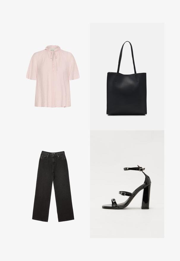 Svijetložuta bluza s čipkastim ovratnikom, detaljem s vezicom i sprijeda na dugmad. Izrađena od teksturirane tkanine s kratkim, širokim rukavima.; Crne široke traperice izrađene od denima, s malim točkastim uzorcima, klasičnim dizajnom s pet džepova i zatvaranjem na gumbe i zatvarač.; Crne lakirane sandale na pete sa kvadratnim nosom, trakama oko gležnja i srebrnim kopčama. Imaju čvrst blok petu za stabilnost.; Crna kožna torba za nošenje s glatkom teksturom, pravokutnim oblikom i dvije duge ručke. Nema vidljivih metalnih dijelova ili ukrasa.