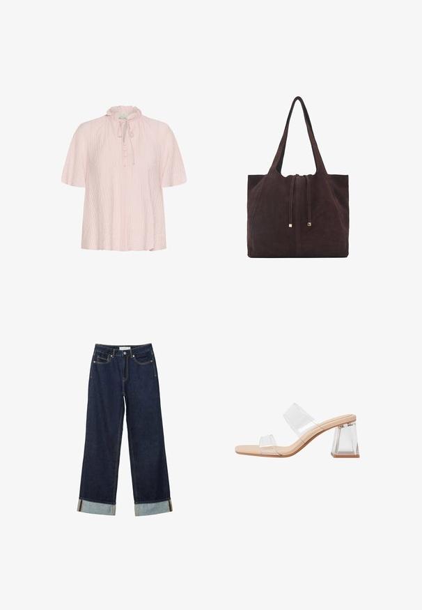 Light pink blouse with a ruffled collar, tie detail, and button front. Made of textured fabric with short, wide sleeves.; Dark blue wide-leg jeans with a high waist, featuring rolled cuffs, contrast stitching, and five-pocket design. Made of denim fabric.; Transparent heeled sandals featuring two clear straps, a beige base, and a geometric clear block heel. Minimalist design with smooth texture.; Mango Tote bag - dark brown