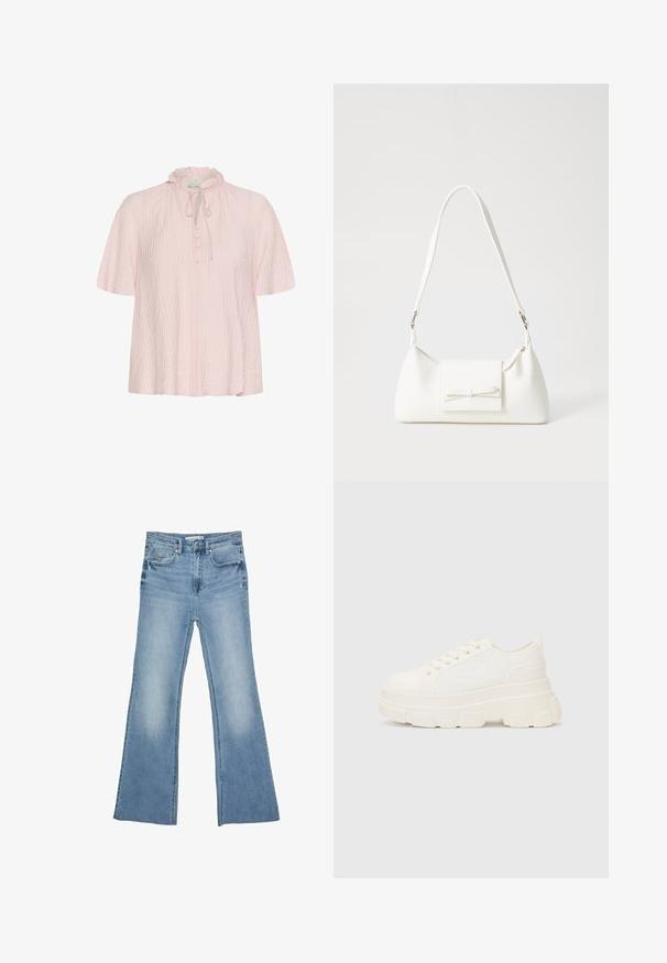 Lichtroze blouse met een gerimpelde kraag, strikdetail en knoopsluiting aan de voorkant. Gemaakt van een textuurstof met korte, wijde mouwen.; Lichtblauwe flare jeans van denim, voorzien van een klassiek vijf-pocket ontwerp en een ritssluiting met knoopsluiting.; Witte canvas sneaker met een stevige zool, ronde neus en vijf gaatjes voor veters. Achterste tab voor gemakkelijk aan- en uittrekken. Vloeibare textuur, minimalistisch ontwerp.; Witte synthetische handtas met een driehoekige vorm, platte voorklep en strikdetail, verstelbare schouderriem, gladde textuur en minimalistisch ontwerp.