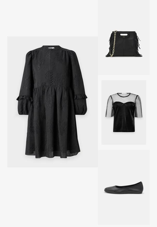 Melna blūze ar puscaurspīdīgu melnu polka dot sietu, īsām pūkainām piedurknēm un sirds formas kakla izgriezumu gludā audumā.; Hofmann Copenhagen ERLA - Dienas kleita - black; Melna ādas baleta kurpe ar noapaļotu purngalu, gludu tekstūru, minimālu šuvju detalizāciju un elastīgu zoles dizainu.; Melna ādas rokassoma ar frizūras detaļām, zelta ķēdes plecu siksnu un izgrieztu rokturi. Ir logotipa novietojums priekšpusē.