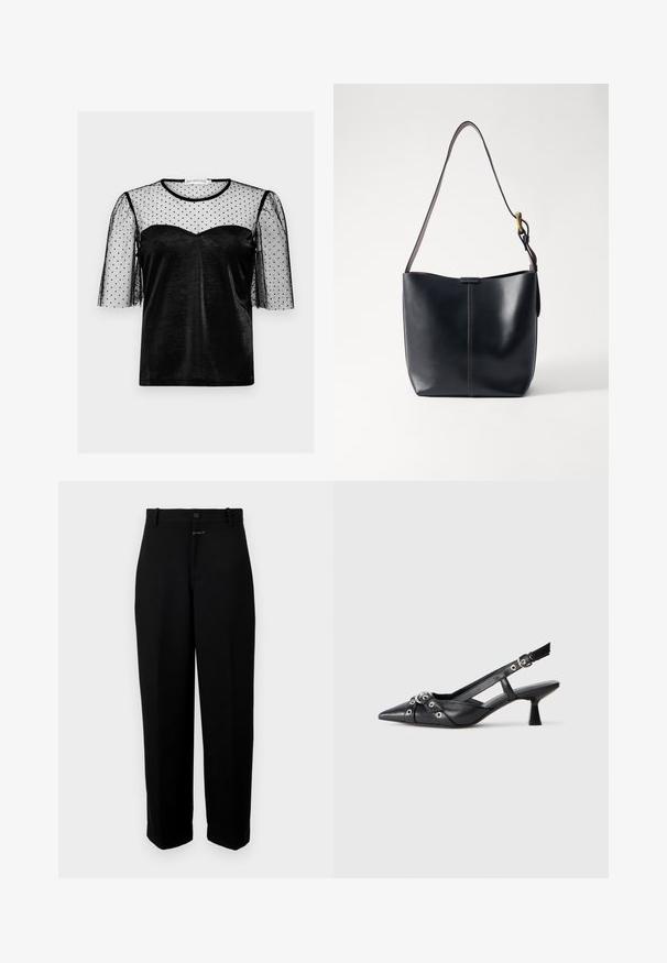 Črn top s polprosojno črno mrežasto plastjo s pikami, kratkimi naborki in srčasto izrezom iz gladkega blaga.; Črne hlače iz gladkega materiala, z gumbom za zapiranje, zanka za pas in ravnim krojem.; Črne usnjene sandale središnje zaponke z ostro konico, okrasnimi trakovi z kovinskimi očesi in nizko blokasto peto. Teksturirana površina.; Črna usnjena torba za ramo z gladko teksturo, ki ima tanko dolgotrajno naramnico in subtilen šivni detajl po sredini.