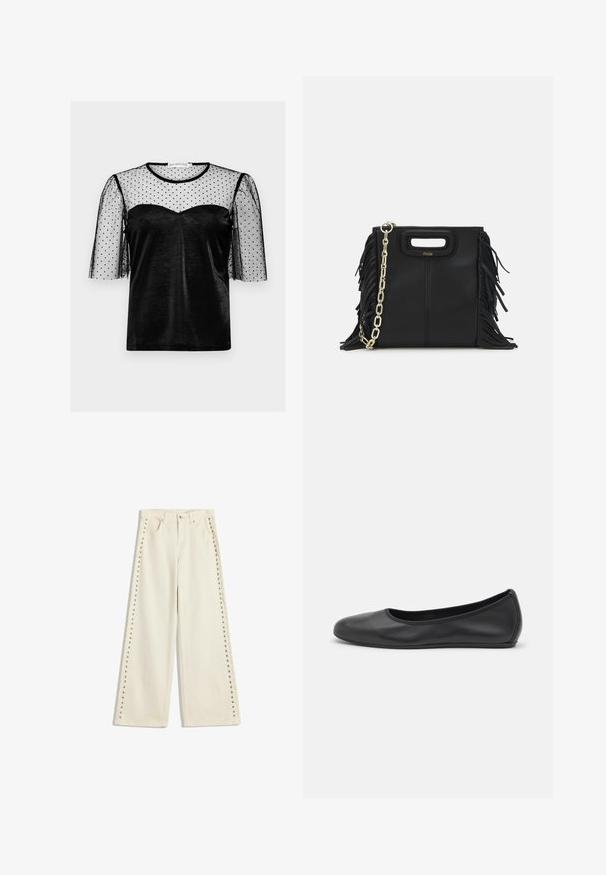 Top nero con sovrapposizione in rete a pois neri semi-trasparente, maniche corte a sbuffo e scollatura a cuore in un tessuto morbido.; Jeans a gamba larga color crema chiaro con accenti in metallo lungo le cuciture esterne, cinque tasche e chiusura a bottone standard.; Pantofole da balletto nere in pelle con punta arrotondata, texture liscia, dettagli di cucitura minimi e design con suola flessibile.; Borsa a tracolla in pelle nera con dettagli a frangia, catena dorata e manico ritagliato. Presenta il logo sulla parte anteriore.