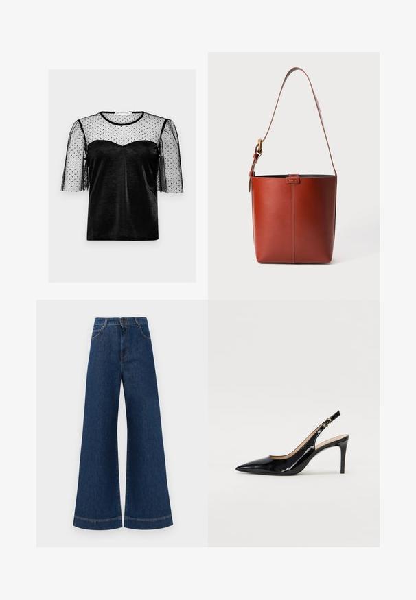 Black top with a semi-sheer black polka dot mesh overlay, short puff sleeves, and a sweetheart neckline in a smooth fabric.; Wide-leg blue denim jeans with a high waist, featuring a button closure, belt loops, and subtle stitching details along the pockets and hems.; Black patent leather slingback pump with pointed toe, slim heel, and a subtle cutout design. Features a gold buckle on the strap.; Brown leather bucket bag with adjustable shoulder strap and gold-tone buckle, simple vertical seam detail on front.