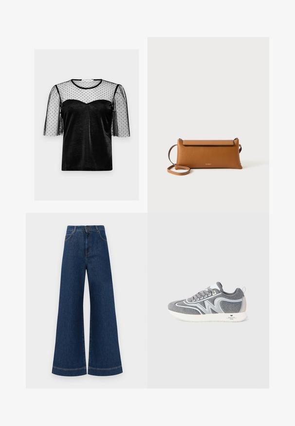 Čierny top s polopriesvitným čiernym bodkovaným čipkovým prešívaním, krátkymi vypchatými rukávmi a výstrihom v tvare srdca z hladkej látky.; Modré denimové nohavice so širokými nohavicami a vysokým pásom, ktoré majú gombíkový zapínanie, pútka na opasok a jemné švy pozdĺž vreciek a lemov.; Šedé a biele nízkopoložené tenisky s šnúrkami, dizajnom "W" na boku a bielou podrážkou so značkou "Weekend Max Mara" na päte.; Hnedá kožená kabelka na clutch, obdĺžnikový tvar, textúrovaný povrch, odnímateľný popruh, zipsové zatváranie, decentné logo embosované na prednej strane.