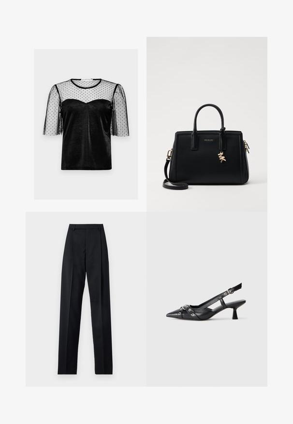 Black top with a semi-sheer black polka dot mesh overlay, short puff sleeves, and a sweetheart neckline in a smooth fabric.; Black trousers made from smooth fabric featuring a high waist, wide legs, front pleats, and classic belt loops. No side pockets visible.; Black leather slingback shoe with a pointed toe, decorative straps featuring metal eyelets, and a low block heel. Textured surface.; Black leather handbag with structured design, dual top handles, detachable shoulder strap, gold hardware, and a logo charm accent.