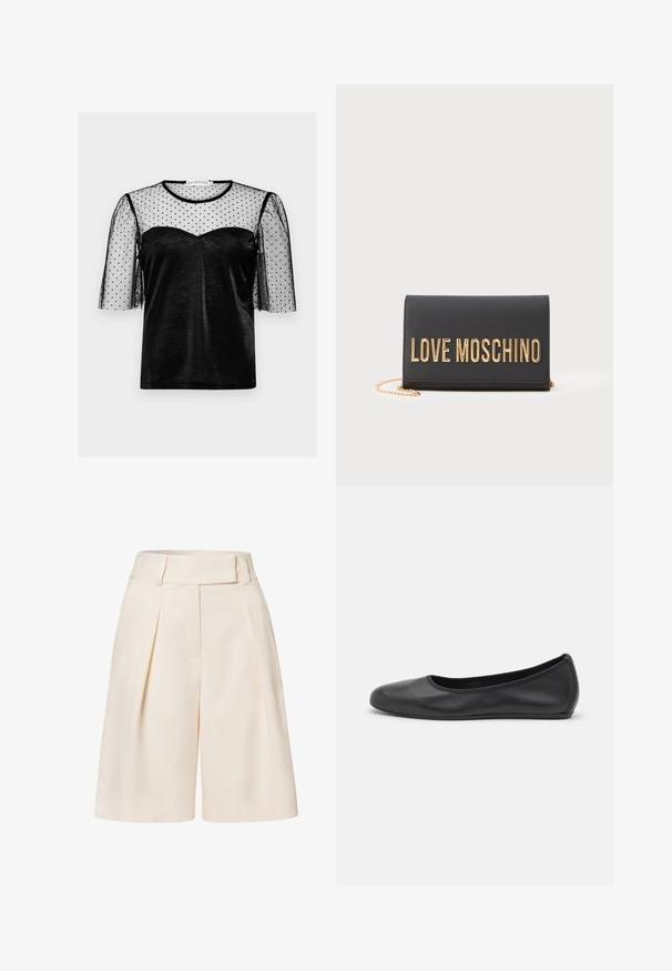 Černý top s poloprůhlednou černou síťovinou s puntíky, krátké nabírané rukávy a výstřih do srdce z hladkého materiálu.; Kráčené krémové šortky s vysokým pasem, šikmými sklady vpředu a hladkým textilním povrchem. Mají široké, zkrácené nohavice.; Černé kožené baletní byty s kulatou špičkou, hladkou texturou, minimálními švy a flexibilním designem podrážky.; Černá kožená psaníčko s zlatým logem "LOVE MOSCHINO", skládacím designem a zlatým řetízkem. Hladká textura a minimalistický styl.