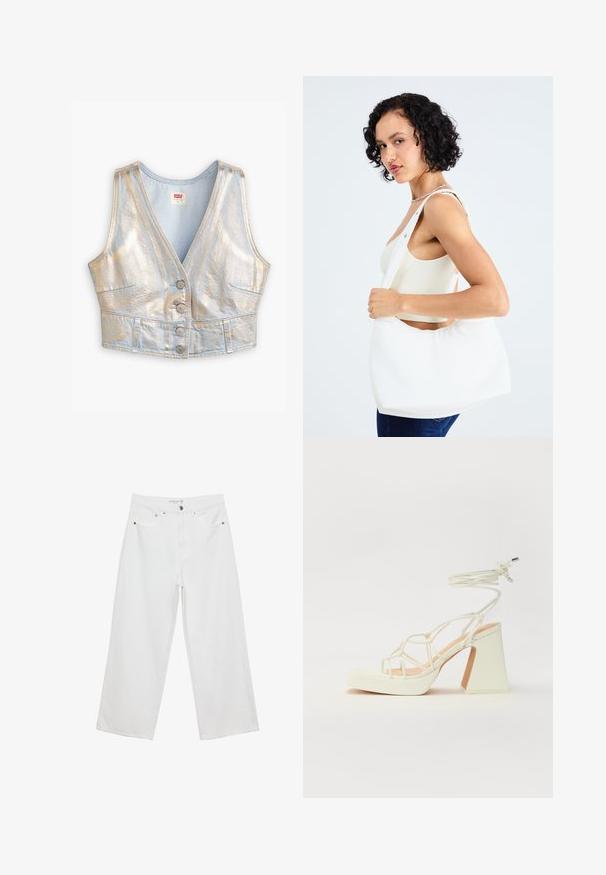 Hellblaues Denim-Top mit V-Ausschnitt, metallischem Glanz, fünf Knöpfen und zwei Fronttaschen; insgesamt glatte Textur.; Weiße Jeans im weit geschnittenen Design aus Denim mit hoher Taille, ausgestattet mit fünf Taschen und Metallbeschlägen. Glatte Textur, keine sichtbaren Muster.; Weiße High-Heel-Sandale mit einem klobigen Absatz, die über ein Riemchendesign und ein Knöchelband verfügt. Glatte Textur mit einer Plattform vorne für zusätzliche Höhe.; Weißer Schultertasche aus glattem Material mit ovalem Ausschnitt und breitem Tragegurt. Einfach und modern, ohne sichtbare Hardware.