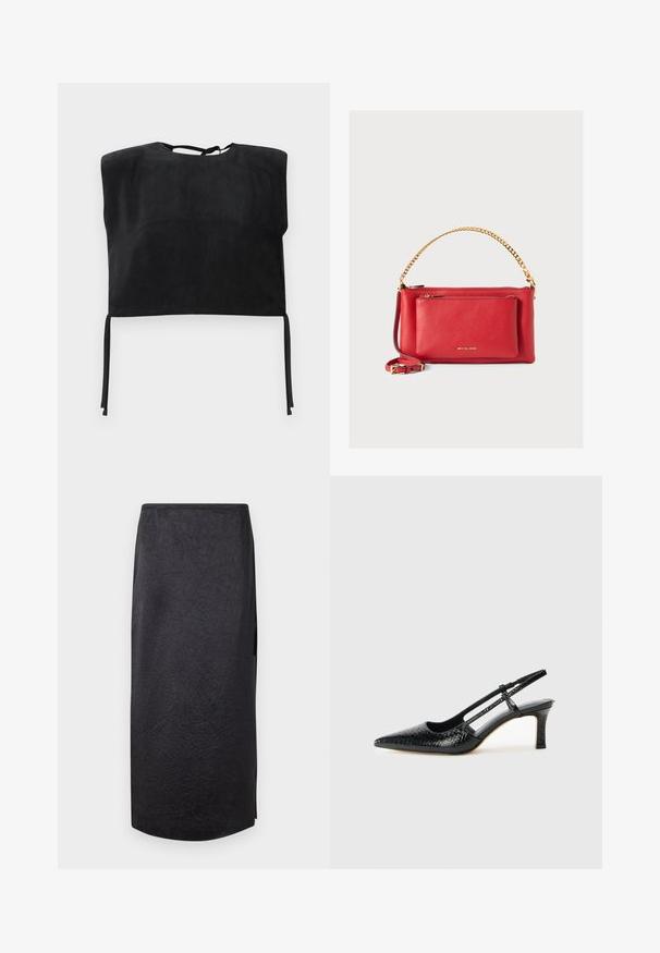 Top court noir en daim lisse, avec un col montant et des détails à nouer en bas. Design simple et minimaliste.; Jupe noire mi-longue avec une texture froissée, coupe droite et fente sur le côté. Le tissu semble léger. L'ourlet est légèrement arrondi.; Escarpin slingback en vernis noir avec un bout pointu, présentant un imprimé serpent texturé, une sangle réglable et un petit talon bloc texturé.; Sac à main en cuir rouge avec une finition texturée, chaîne et sangle dorées, poche zippée avant et logo en relief. Design compact et structuré.