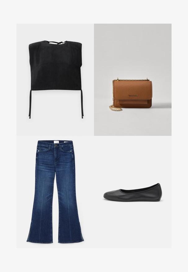 Top court noir en daim lisse, avec un col montant et des détails à nouer en bas. Design simple et minimaliste.; Jean évasé bleu foncé en denim. Il présente une taille haute, des poches avant et des fentes au bas. Design classique à cinq poches.; Ballerines en cuir noir avec un bout rond, texture lisse, détails de couture minimalistes et design de semelle flexible.; Sac en cuir texturé marron en bandoulière avec une sangle en chaîne dorée et une fermeture à rabat. L'avant présente un détail de logo et une poche sous le rabat.