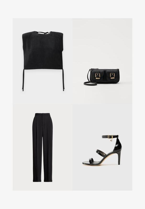 Top court noir en daim lisse, avec un col montant et des détails à nouer en bas. Design simple et minimaliste.; Pantalons noirs ajustés à taille haute, dotés de plis à l'avant, d'une coupe droite et d'un ourlet à revers. Fabriqués en tissu lisse.; Sandale en cuir verni noir avec trois brides, boucle de cheville et talon aiguille de 10 cm. Présente un détail en métal doré et un charm logo.; Sac en cuir noir porté en travers avec deux poches avant, boucles dorées, fermeture zippée et une sangle fine. Surface texturée et forme rectangulaire compacte.