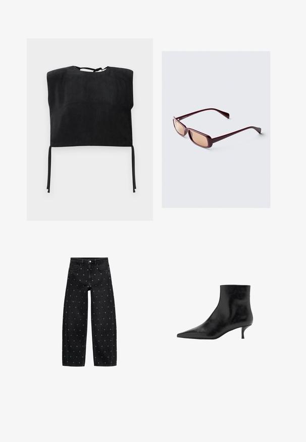 Zwarte cropped top van zachte suede, met een hoge halslijn en strikaccenten aan de onderkant. Eenvoudig, minimalistisch ontwerp.; Zwarte denim wide-leg jeans met een patroon van kleine zilveren oogjes, met een klassieke vijf-pocket design en een knoopsluiting aan de voorkant.; Zwarte leren enkelboot met een puntige neus, slanke kittenhak en een gladde textuur. Eenvoudig ontwerp, geen decoratieve accenten.; Bordeauxkleurige zonnebril met rechthoekige monturen, gradient lenzen en slanke armen. Het materiaal heeft een gladde, glanzende afwerking.