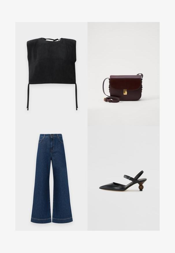 Juodas trumpas viršus, pagamintas iš lygios zomšos, turintis aukštą apykaklę ir surišamus akcentus apačioje. Paprastas, minimalistinis dizainas.; Plati mėlynos džinsinės kelnės su aukštu liemeniu, turinčios mygtukų užsegimą, diržo kilpas ir subtilius siuvinėjimo akcentus ant kišenių bei apdailos.; Juodos odinės slingback tipo bateliai su smailiu nosiu, išlenktu dizainu ir apvaliu medžio imitacijos kulnu. Pabrėžia siauras kulkšnies dirželis.; Ruda odinė rankinė su sklende, auksinėmis detalėmis ir reguliuojama juosta. Pasižymi glotnia tekstūra ir elegantiška stačiakampio forma.