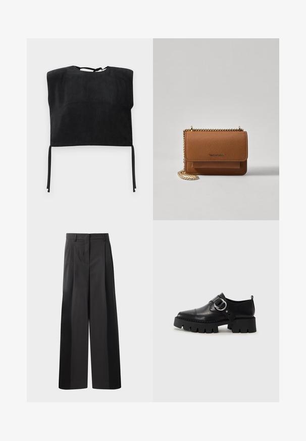 Zwarte cropped top van zachte suede, met een hoge halslijn en strikaccenten aan de onderkant. Eenvoudig, minimalistisch ontwerp.; Zwarte wijde broek met hoge taille, met voorplooien, een gladde textuur en een nette afwerking. Ontworpen voor een ontspannen pasvorm.; Zwarte leren schoenen met een robuuste, geribbelde zool, voorzien van een ronde zilveren hardwareaccent en minimale stikdetails.; Bruine lederen schoudertas met textuur, voorzien van een gouden kettingstrap en klepsluiting. De voorkant heeft een logo-detail en een zak onder de klep.