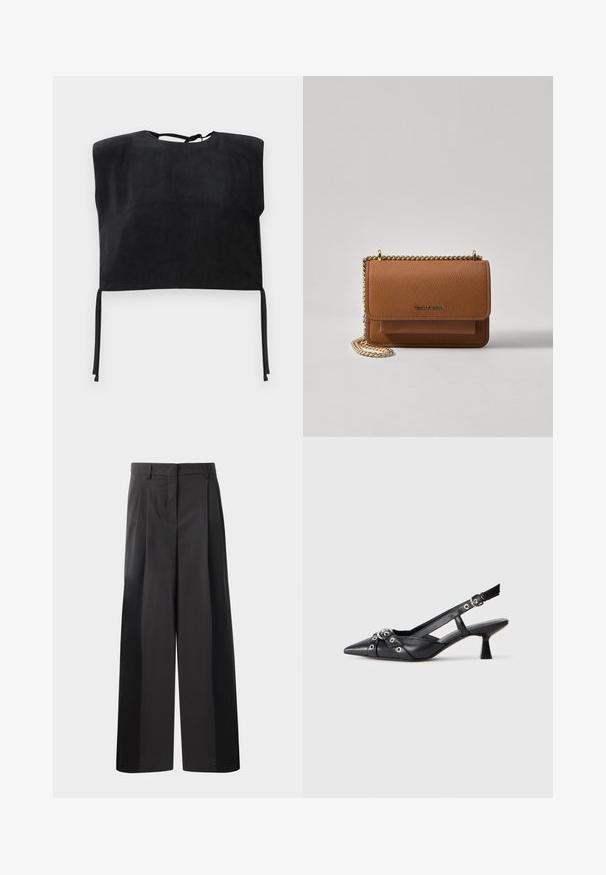 Top cropped nero in suede liscio, con collo alto e dettagli legati sul fondo. Design semplice e minimalista.; Pantaloni neri a gamba larga con vita alta, caratterizzati da pieghe frontali, una texture liscia e una finitura sartoriale. Progettati per un fit rilassato.; Scarpa slingback nera in pelle con punta affusolata, cinturini decorativi con occhielli metallici e tacco basso a blocco. Superficie testurizzata.; Borsa a tracolla in pelle marrone con texture, dotata di catena dorata e chiusura a pattina. Sul davanti presenta un dettaglio con logo e una tasca sotto la pattina.