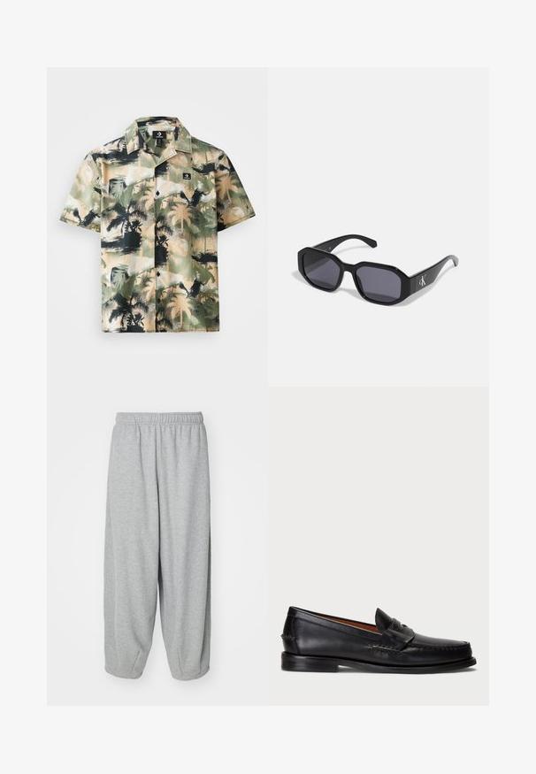 Kratka majica s kratkimi rokavi v bež in zeleni barvi s potiskom palm, ki ima gumbasto zapiranje in črno oznako logotipa na žepu na prsih.; Bela bombažna majica s kratkimi rokavi, okroglim ovratnikom in subtilnim logotipom Levi's, natisnjenim na sredini. Mehak material in standardna oblika.; Svetlo sivi, ležerni trenerke od mehkega blaga. Elastični pas in manšete na gležnjih. Preprost in brez okrasitve dizajn.; Črne usnjene loafers čevlje z zaobljenim prstom, šivanimi detajli in okrasnim trakcem spredaj. Ravna podplat z minimalnim profilom.; Črne sončne očala z ovalnim okvirjem, temnimi lečami, sijočim plastičnim materialom in srebrnim logotipom na eni strani.