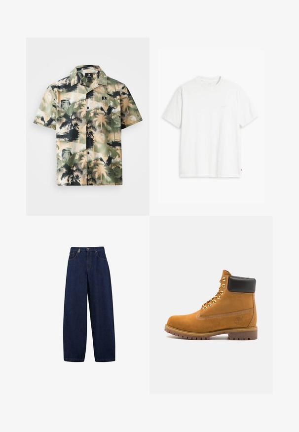Kurzarmhemd in Beige und Grün mit Palmbaumdruck, ausgestattet mit einem Knopfverschluss und einem schwarzen Logoetikett auf der Brusttasche.; Weißes Baumwoll-T-Shirt mit kurzen Ärmeln, Rundhalsausschnitt und dezentem Levi's-Logo in der Mitte. Weicher Stoff und normale Passform.; Lässige, dunkelblaue Denim-Jeans mit hoher Taille, Fronttaschen und geradem Bein. Enthält silberfarbene Hardware und minimalistische Nähte.; Beige Wildleder-Ankle-Boot mit schwarzem gepolstertem Kragen, goldenen Metallösen, weißen Nähdetalben und einer robusten Gummisohle mit ausgeprägtem Profil.