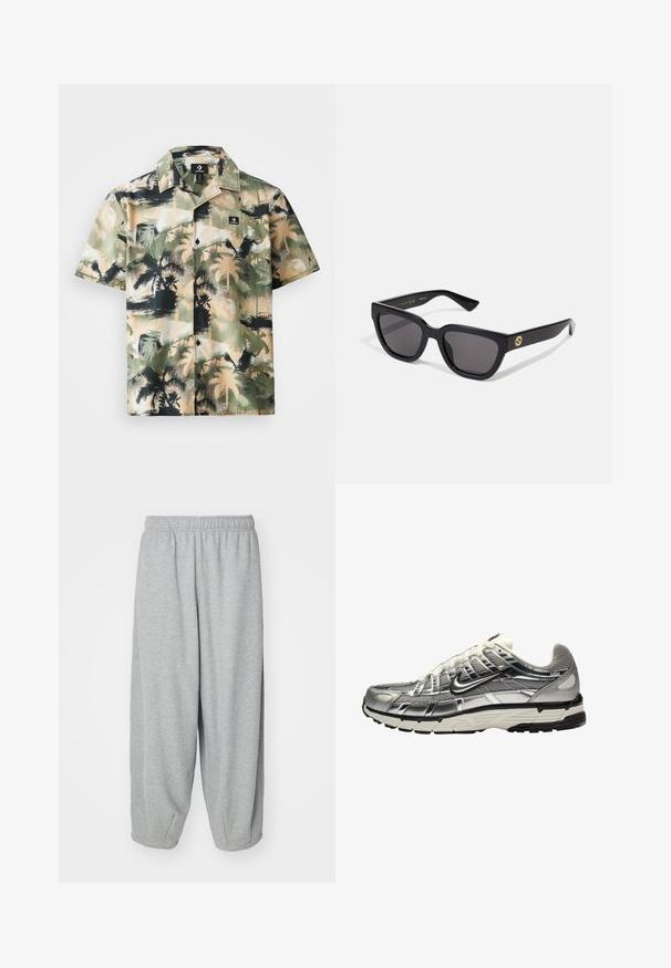 Šviesiai ruda ir žalia trumpomis rankovėmis marškinėliai su palmių medžių motyvu, su mygtukų uždarymu ir juoda logotipo etikete ant krūtinės kišenės.; Šviesiai pilki, laisvai krentantys sportiniai šortai, pagaminti iš minkštos medžiagos. Elastinga juostos ir manžetai prie kulkšnies. Paprastas ir be jokių puošmenų dizainas.; Sidabriniai ir juodi sportiniai bateliai su tinkline ir sintetiniu viršumi, apimanti dizaino forma ir tekstūruota apdaila. Yra paminkštinta apykaklė ir guminis padas.; Juodos stačiakampės saulės akinių su blizgiu paviršiumi, tamsiais objektyvais ir auksinėmis detalėmis ant šventyklos su logotipu.