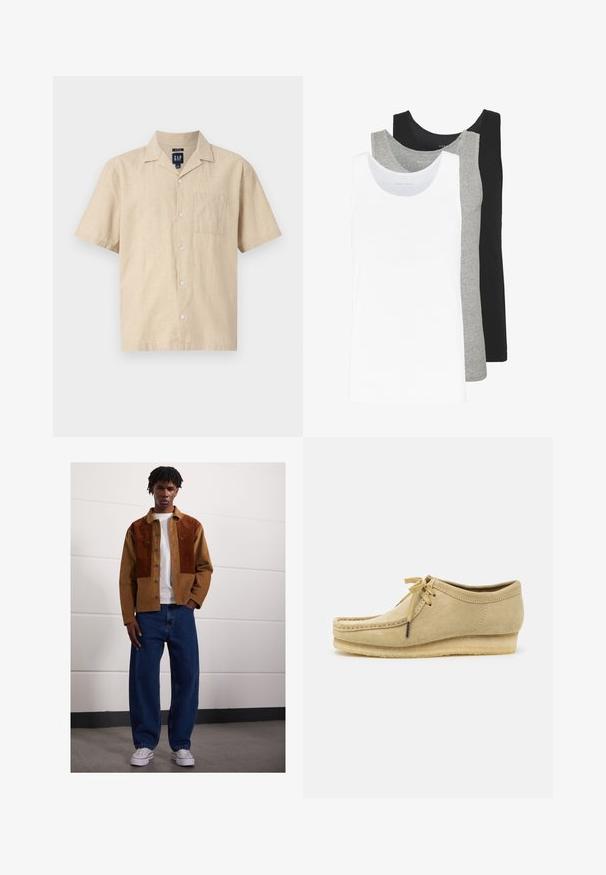 GAP Camicia - oatmeal heather; Tre canottiere in bianco, grigio e nero. Ognuna presenta un classico design senza maniche, realizzata in leggero cotone con una texture a costine.; Uomo che sta in piedi all'interno, indossando una giacca di velluto a coste marrone con macchie arrugginite, una maglietta bianca, jeans blu larghi e sneaker bianche.; Scarpa in suede beige con design a lacci, dettagli cuciti e suola in gomma. La forma è casual con un leggero tacco a cuneo.