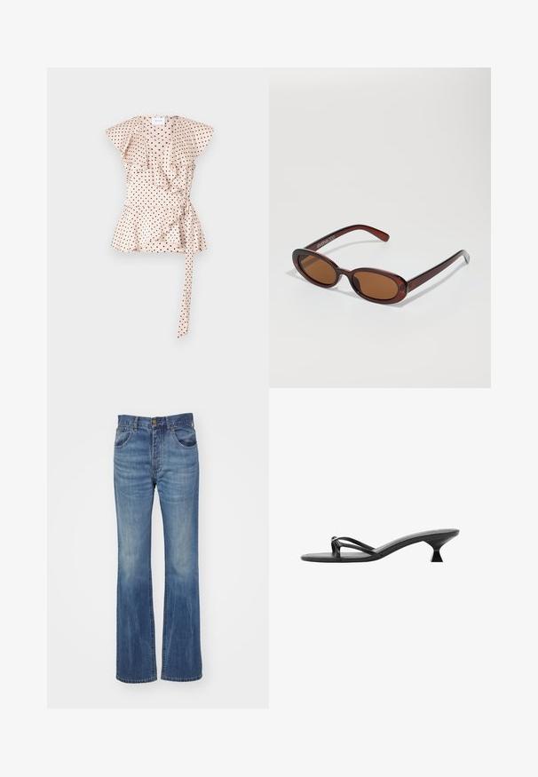 Halenka s puntíky v jemně růžové barvě, s volány na rukávech, zavinovacím střihem a kravatovým detailem v pase. Měkká tkanina s hladkým povrchem.; Rozšířené modré džíny z denimu s středním omytím, s vysokým pasem, poutky na opasek a předními kapsami. Hladký materiál s minimálními otvory.; Černé sandály na podpatku s elegantním designem, tenkými popruhy a unikátním trojúhelníkovým podpatkem. Hladký povrch s minimalistickým vzhledem.; Kulaté sluneční brýle hnědé barvy s lesklým burgundským rámem. Úzké nožičky s jemným logem. Rovné čočky.