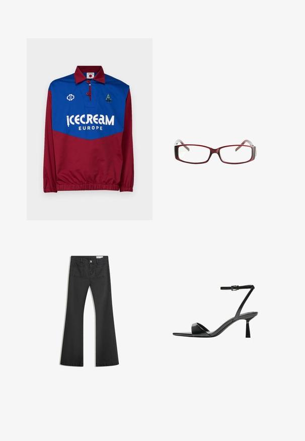 Piros és kék pulóver, gallérral, nagy fehér "icecream EUROPE" logóval, hímzett részletekkel, és elasztikus mandzsettákkal a deréknál és az ujjaknál.; Fekete, sima textúrájú farmer flare nadrág, két hátsó zsebbel és gombos derékkal.; Bershka Magas sarkú szandálok - black; Vörös téglalap alakú szemüveg, amelynek elegáns kivitele van. Átlátszó lencsék, enyhén áttetsző szárak, és vörösből szürkébe átmenő színátmenet.