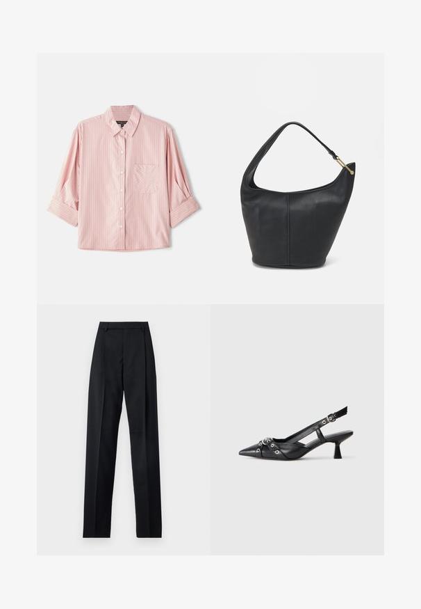 Camisa de botones de mangas cortas en rosa claro con estrechas franjas blancas y rojas, que cuenta con un bolsillo en el pecho izquierdo y un cuello extendido.; Pantalones negros de tela suave con cintura alta, piernas amplias, pliegues frontales y lazos de cinturón clásicos. No hay bolsillos laterales visibles.; Zapato de slingback negro de piel con punta afilada, correas decorativas con ojales de metal y un tacón bajo y ancho. Superficie texturizada.; Bolso de cuero negro con forma redondeada, un strap ancho y un acabado texturizado. Presenta un sutil detalle de costura y un acento de hardware en tono dorado.