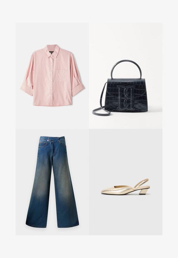 Košeľa s krátkym rukávom v svetlo ružovej farbe s úzkymi bielymi a červenými pruhmi, obsahujúca náprsné vrecko na ľavej strane a rozšírený golier.; Modré široké džínsy vyrobené z denimu, s mierne vyblednutým povrchom, viditeľným šitím, dvoma prednými vreckami a zapínaním na gombík.; Metalické zlaté slingback podpätky s špicatou špičkou, nízkym blokovým podpätkom a hladkou textúrou. Minimalistický dizajn s detailom výrezu na boku.; Čierna kabelka z krokodílovej embosovanej kože so štruktúrovaným dizajnom, horným uchom, nastaviteľným popruhom a výrazným predným logom.