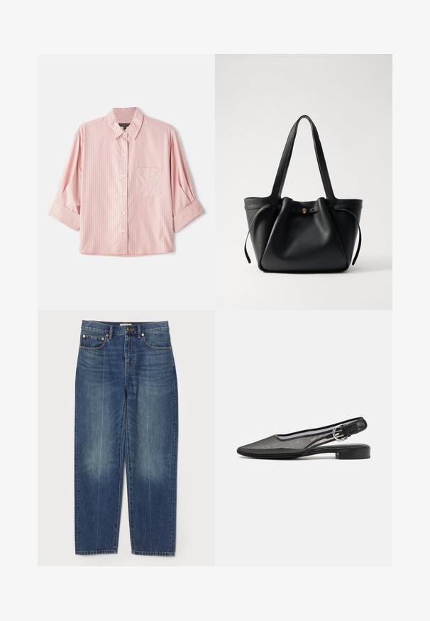 Short-sleeve button-up shirt in light pink with narrow white and red stripes, featuring a left chest pocket and a spread collar.; Blue high-waist straight-leg jeans with front and back pockets, belt loops, button closure, and subtle faded detailing on legs.; rag & bone ASTRA SLINGBACK - Slingback ballet pumps - black; Black leather tote bag with two long straps, a cinched top, and a gold circular accent. Smooth texture with a minimalist design.