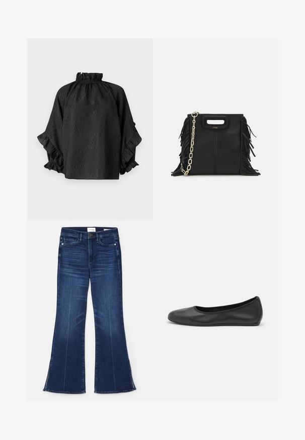 Hofmann Copenhagen Camicetta - black; Jeans a zampa d'elefante blu scuro in denim. Caratterizzati da una vita alta, tasche anteriori e dettagli con spacco all'orlo. Design classico a cinque tasche.; Pantofole da balletto nere in pelle con punta arrotondata, texture liscia, dettagli di cucitura minimi e design con suola flessibile.; Borsa a tracolla in pelle nera con dettagli a frangia, catena dorata e manico ritagliato. Presenta il logo sulla parte anteriore.