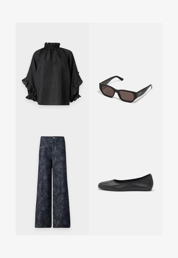 Hofmann Copenhagen Camicetta - black; Pantaloni larghi in denim scuro con un motivo floreale ricamato in azzurro. Design classico a cinque tasche con chiusura frontale a bottone.; Pantofole da balletto nere in pelle con punta arrotondata, texture liscia, dettagli di cucitura minimi e design con suola flessibile.; Occhiali da sole rettangolari neri con lenti scure. Presentano una montatura in plastica liscia e un dettaglio del logo sulla tempia. Design pulito e moderno.
