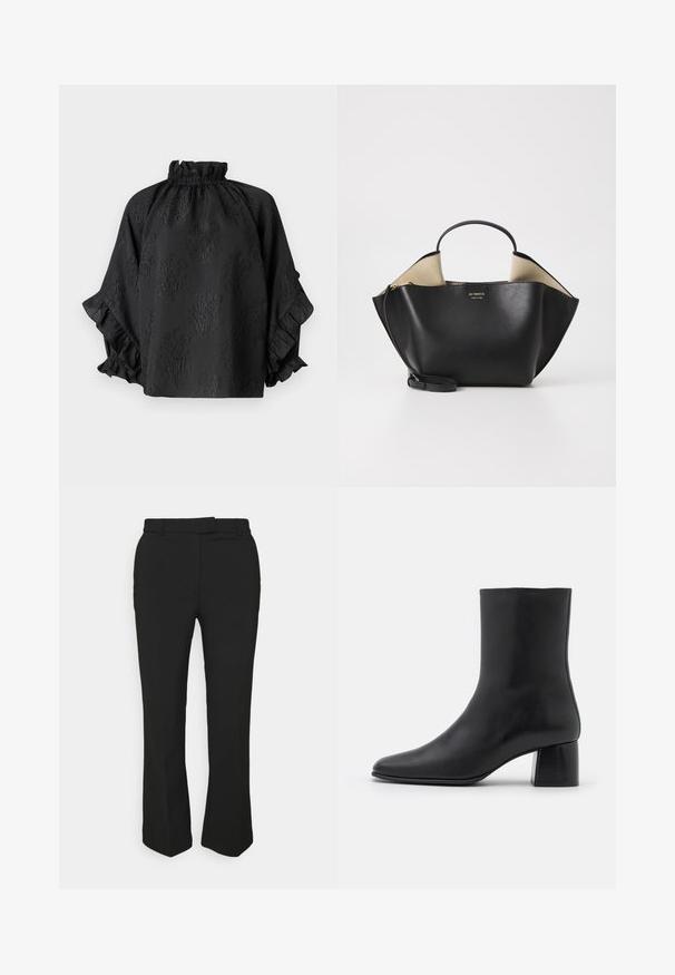 Hofmann Copenhagen Camicetta - black; Pantaloni neri su misura con design a gamba dritta, dotati di passanti per cintura e tasche laterali. Realizzati in tessuto liscio con una finitura pulita.; Stivali ankle in pelle nera con punta affusolata e tacco quadrato grosso. Texture liscia con un design senza cuciture e cuciture minimaliste.; Ree Projects ANN TOTE MINI - Borsa a mano - black