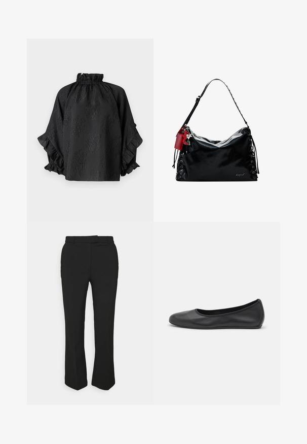 Hofmann Copenhagen Pusero - black; Musta räätälöity housut suoran lahkeen muotoilulla, joissa on vyölenkit ja sivutaskut. Valmistettu sileästä kankaasta, jossa on siisti viimeistely.; Musta nahkainen ballerina, jossa on pyöristetty kärki, sileä pinta, minimaalinen ommelkoristelu ja joustava pohjamuotoilu.; Mustakäsineinen käsilaukku, jossa on löysä muotoilu, nauhoitusyksityiskohtia sivuilla ja punainen korostustagi. Varustettu pitkällä säädettävällä hihnalla.