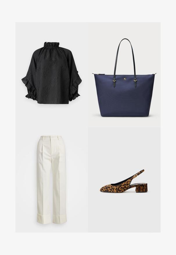 Hofmann Copenhagen Bluse - black; Weiße maßgeschneiderte Hose mit hoher Taille, doppelten Vorderfalten und weiten Beinen mit umgeschlagenen Säumen. Hergestellt aus einem glatten, strukturierten Stoff.; Damen-Slingback-Schuhe mit Leopardenmuster, niedrigem Blockabsatz und goldener Schnalle am Seitenriemen, im Seitenprofil auf einem schlichten Hintergrund dargestellt.; Dunkelblaues Tragetasche aus strukturiertem Stoff, mit schwarzen Ledergriffen und goldenen Hardware-Details. Reißverschlussverschluss an der Oberseite.